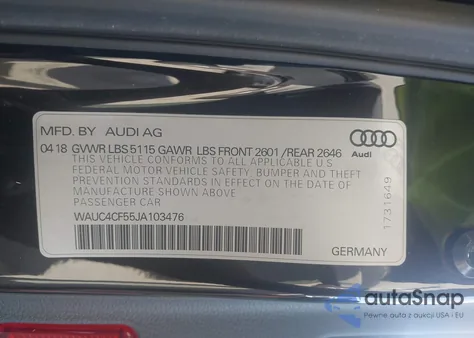 2018 Audi S5 3.0T Premium Plus z USA, uszkodzony, nr VIN WAUC4CF55JA103476